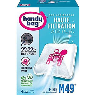 Handy Bag Stofzuigerzakken M49 x4 Compatibel met Miele, Hoover 99,99% van het vastgehouden stof Eenvoudig sluiten Anti-allergeen filter 45% gerecycled materiaal Handy Bag Stofzuigerzakken M49 x4 Compatibel met Miele, Hoover 99,99% van het vastgehouden stof Eenvoudig sluiten Anti-allergeen filter 45% gerecycled materiaal