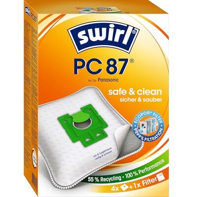 Swirl PC 87 EcoPor 4 scheurvaste stofzuigerzakken voor geselecteerde Panasonic stofzuigers, 99,9% filtratie van huisstof en allergenen fijnstof Swirl PC 87 EcoPor 4 scheurvaste stofzuigerzakken voor geselecteerde Panasonic stofzuigers, 99,9% filtratie van huisstof en allergenen fijnstof