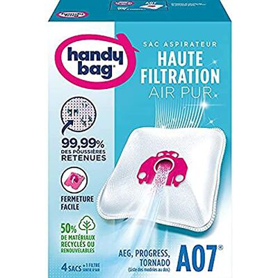 Handy Bag Stofzuigerzakken A07 x4 AEG, Progress,Tornado 99,99% van het vastgehouden stof Eenvoudig sluiten Anti-allergeen filter 50% gerecycled of hernieuwbaar materiaal Handy Bag Stofzuigerzakken A07 x4 AEG, Progress,Tornado 99,99% van het vastgehouden stof Eenvoudig sluiten Anti-allergeen filter 50% gerecycled of hernieuwbaar materiaal