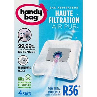 Handy Bag Stofzuigerzakken R36 x4 Compatibel met Moulinex, Rowenta 99,99% van het vastgehouden stof Eenvoudig sluiten Anti-allergeen 60% gerecycled materiaal Handy Bag Stofzuigerzakken R36 x4 Compatibel met Moulinex, Rowenta 99,99% van het vastgehouden stof Eenvoudig sluiten Anti-allergeen 60% gerecycled materiaal