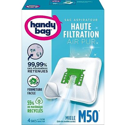 Handy Bag Stofzuigerzakken M50 x4 Compatibel met Miele 99,99% van het vastgehouden stof Eenvoudig sluiten Anti-allergeen filter 55% gerecycled materiaal Handy Bag Stofzuigerzakken M50 x4 Compatibel met Miele 99,99% van het vastgehouden stof Eenvoudig sluiten Anti-allergeen filter 55% gerecycled materiaal