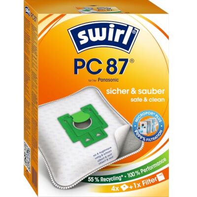 Swirl PC 87 EcoPor 4 scheurvaste stofzuigerzakken voor geselecteerde Panasonic stofzuigers, 99,9% filtratie van huisstof en allergenen fijnstof Swirl PC 87 EcoPor 4 scheurvaste stofzuigerzakken voor geselecteerde Panasonic stofzuigers, 99,9% filtratie van huisstof en allergenen fijnstof