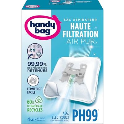 Handy Bag PH99 stofzuigerzakken met 4 zakken Compatibel met AEG, Electrolux 99,99% van het vastgehouden stof Eenvoudig sluiten Anti-allergeen filter 60% gerecycled materiaal Handy Bag PH99 stofzuigerzakken met 4 zakken Compatibel met AEG, Electrolux 99,99% van het vastgehouden stof Eenvoudig sluiten Anti-allergeen filter 60% gerecycled materiaal