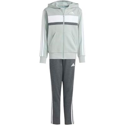 Adidas Seasonal Essentials Tiberio 3 strepen fleece trainingspak voor kinderen, uniseks, Wonder Sage/wit/donkergrijs heather, 13-14 jaar Adidas Seasonal Essentials Tiberio 3 strepen fleece trainingspak voor kinderen, uniseks, Wonder Sage/wit/donkergrijs heather, 13-14 jaar