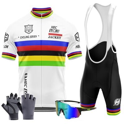 HECLOK Zomerwielertenue voor heren, beschermt tegen de zon en voert vocht af, shirt met korte mouwen en short met 9D-gelpads en schouderbanden, handschoenen en bril, type 1, M HECLOK Zomerwielertenue voor heren, beschermt tegen de zon en voert vocht af, shirt met korte mouwen en short met 9D-gelpads en schouderbanden, handschoenen en bril, type 1, M