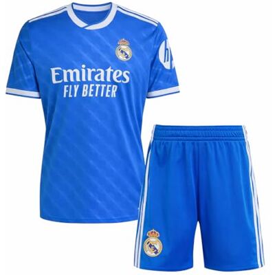 Real Madrid Kit 3e team voor kinderen 2025-2026 officiële Adidas replica T-shirt + broek blauw design ademende stof ideaal cadeau, blauw, regular Regular Real Madrid Kit 3e team voor kinderen 2025-2026 officiële Adidas replica T-shirt + broek blauw design ademende stof ideaal cadeau, blauw, regular Regular