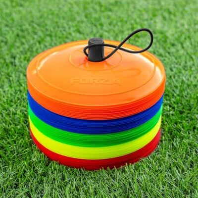 FORZA Trainingsmarkeerstiften, bijna plat, 10 kleuren, 50 stuks, zeer duurzaam, perfecte optie voor meerdere sporten FORZA Trainingsmarkeerstiften, bijna plat, 10 kleuren, 50 stuks, zeer duurzaam, perfecte optie voor meerdere sporten