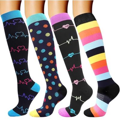 DRESHOW 4 paar compressiesokken voor vrouwen en mannen, circulatie voor atletiek, hardlopen, fietsen, reizen L-XL DRESHOW 4 paar compressiesokken voor vrouwen en mannen, circulatie voor atletiek, hardlopen, fietsen, reizen L-XL