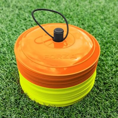 FORZA Trainingsmarkeerstiften, bijna plat, 10 kleuren, 50 stuks, zeer duurzaam, perfecte optie voor meerdere sporten FORZA Trainingsmarkeerstiften, bijna plat, 10 kleuren, 50 stuks, zeer duurzaam, perfecte optie voor meerdere sporten