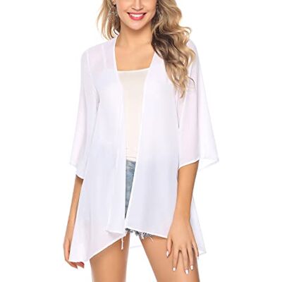 Irevial Chiffon kimono voor dames, 3/4 mouwen, bikini, cover-up, bloemenprint, licht, strand, open frontjas voor de zomer XXL Irevial Chiffon kimono voor dames, 3/4 mouwen, bikini, cover-up, bloemenprint, licht, strand, open frontjas voor de zomer XXL
