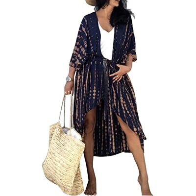 Baynetin Strandbikini-jurk voor dames, lang, bohemien, maxi, open voorkant, bloemen, kimono, bikini, cover-up, militair, marineblauw, één maat Eén maat Baynetin Strandbikini-jurk voor dames, lang, bohemien, maxi, open voorkant, bloemen, kimono, bikini, cover-up, militair, marineblauw, één maat Eén maat