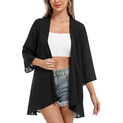 Irevial Chiffon kimono voor dames, 3/4 mouwen, bikini, cover-up, bloemenprint, licht, strand, open frontjas voor de zomer M Irevial Chiffon kimono voor dames, 3/4 mouwen, bikini, cover-up, bloemenprint, licht, strand, open frontjas voor de zomer M