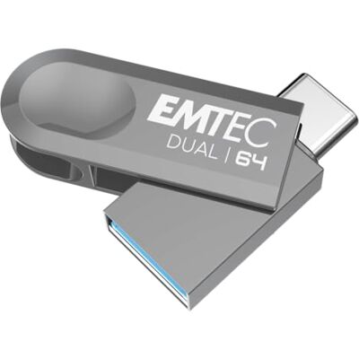 EMTEC USB 3.2 Type-C Dual D280 ECMMD64GD283 Flash Drive Universele compatibiliteit 80MB/s, schrijven 20MB/s, Eco Design, 64GB EMTEC USB 3.2 Type-C Dual D280 ECMMD64GD283 Flash Drive Universele compatibiliteit 80MB/s, schrijven 20MB/s, Eco Design, 64GB