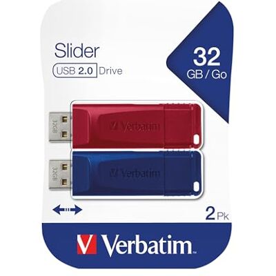 Verbatim Slider 2 stuks USB 2.0 sticks 32 GB met schuifmechanisme voor laptop, ultrabook, tv, autoradio, USB 2.0 stick, rood en blauw Verbatim Slider 2 stuks USB 2.0 sticks 32 GB met schuifmechanisme voor laptop, ultrabook, tv, autoradio, USB 2.0 stick, rood en blauw