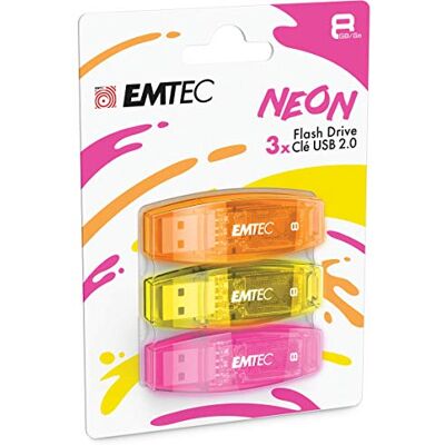 EMTEC USB 2.0 C410 stick, 8 GB, lezen 5 Mb/s, schrijven 15 Mb/s, USB 2.0/3.0, dop, neon, 3 stuks EMTEC USB 2.0 C410 stick, 8 GB, lezen 5 Mb/s, schrijven 15 Mb/s, USB 2.0/3.0, dop, neon, 3 stuks