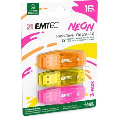EMTEC USB 2.0 C410 stick, flashdrive, 16 GB, lezen 5 Mb/s, schrijven 15 Mb/s, compatibel met USB 2.0, USB 3.0, transparant, neon met dop, 3 stuks EMTEC USB 2.0 C410 stick, flashdrive, 16 GB, lezen 5 Mb/s, schrijven 15 Mb/s, compatibel met USB 2.0, USB 3.0, transparant, neon met dop, 3 stuks