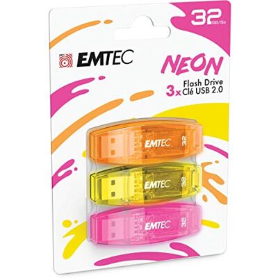 EMTEC USB 2.0 C410 stick, 32 GB flashdrive, lezen 5 Mb/s, schrijven 15 Mb/s, compatibel met USB 2.0, USB 3.0, transparant, neon met dop, 3 stuks EMTEC USB 2.0 C410 stick, 32 GB flashdrive, lezen 5 Mb/s, schrijven 15 Mb/s, compatibel met USB 2.0, USB 3.0, transparant, neon met dop, 3 stuks