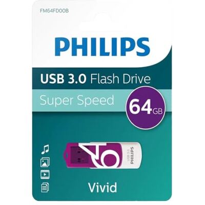 Philips Vivid Edition Super Speed USB 3.0, 64 GB, met draaibare dop voor pc, laptop, computergegevensopslag, leessnelheid tot 100 MB/s Philips Vivid Edition Super Speed USB 3.0, 64 GB, met draaibare dop voor pc, laptop, computergegevensopslag, leessnelheid tot 100 MB/s