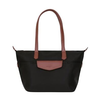 Hexagona Paris Schoudertas voor dames van nylon, kleine handtas, zwart/bruin, L: 38 x 22 x 11 cm Hexagona Paris Schoudertas voor dames van nylon, kleine handtas, zwart/bruin, L: 38 x 22 x 11 cm