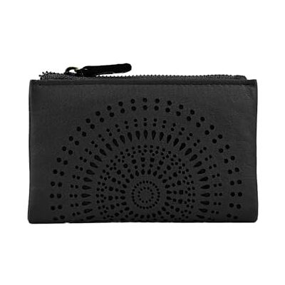 Laura Biagiotti Compacte damesportemonnee van zwart echt leer, elegant geometrisch geperforeerd design Laura Biagiotti Compacte damesportemonnee van zwart echt leer, elegant geometrisch geperforeerd design