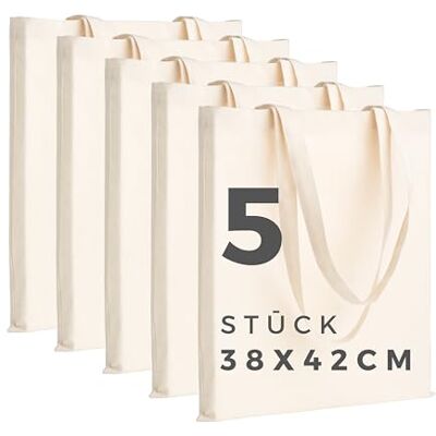 POLHIM Set van 5 katoenen tassen – herbruikbare en robuuste tassen voor winkelen, strand, 38 x 42 cm POLHIM Set van 5 katoenen tassen – herbruikbare en robuuste tassen voor winkelen, strand, 38 x 42 cm