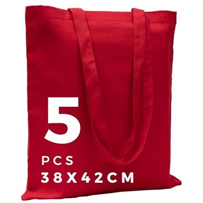 POLHIM Set van 5 katoenen tassen – herbruikbare en robuuste tassen voor winkelen, strand, 38 x 42 cm, Rood 42 cm x 38 cm x 0.1 cm POLHIM Set van 5 katoenen tassen – herbruikbare en robuuste tassen voor winkelen, strand, 38 x 42 cm, Rood 42 cm x 38 cm x 0.1 cm