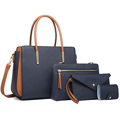 FANDARE Elegante handtas dames schoudertas set 4-delige clutch portemonnee tassen draagtassen boodschappentas voor reizen shopper tassen behoefte, donkerblauw, L, elegant FANDARE Elegante handtas dames schoudertas set 4-delige clutch portemonnee tassen draagtassen boodschappentas voor reizen shopper tassen behoefte, donkerblauw, L, elegant