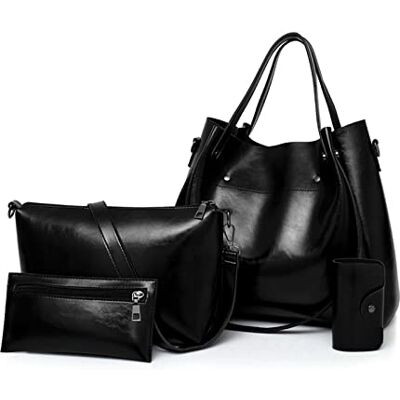 FANDARE Retro Tas Bucket 4 stuks Set Handtas Dames Schoudertas Waterdicht Tote Boodschappentas Schoudertassen PU Leer Tas voor Reizen Werk Winkelen Feest, Zwart, L FANDARE Retro Tas Bucket 4 stuks Set Handtas Dames Schoudertas Waterdicht Tote Boodschappentas Schoudertassen PU Leer Tas voor Reizen Werk Winkelen Feest, Zwart, L