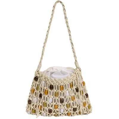 Generic Schoudertas met parels voor dames, handgemaakt, holle, gehaakte draagtas met trekkoord, lichte handtas van gebreid touw, okseltas, voor op reis, Wit. 25*18cm Generic Schoudertas met parels voor dames, handgemaakt, holle, gehaakte draagtas met trekkoord, lichte handtas van gebreid touw, okseltas, voor op reis, Wit. 25*18cm