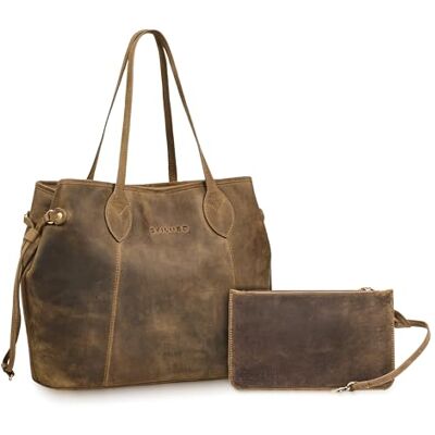STILORD "Camelia" 2-delige grote handtas voor dames, leer en portemonnee, set – shopper, elegant, boodschappentas van echt leer, voor kantoor, winkelen en universiteit, kleur: middenbruin STILORD "Camelia" 2-delige grote handtas voor dames, leer en portemonnee, set – shopper, elegant, boodschappentas van echt leer, voor kantoor, winkelen en universiteit, kleur: middenbruin