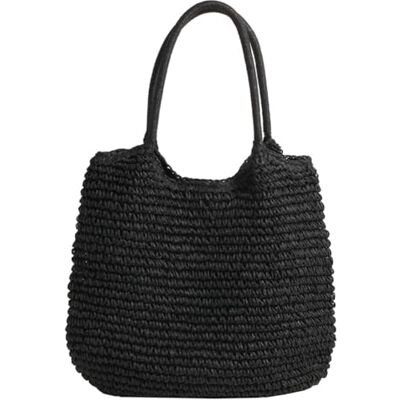 EcoGleam Strotas voor dames, zomer, strotas, strandtas, schoudertas, gevlochten, grote geweven tas, zwart M EcoGleam Strotas voor dames, zomer, strotas, strandtas, schoudertas, gevlochten, grote geweven tas, zwart M