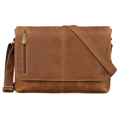 STILORD Hamilton Schoudertas, leer, 15 inch, schooltas, messengertas, vintage, voor laptops, zakelijke tas, universiteit, echt leer, Taranto Bruin STILORD Hamilton Schoudertas, leer, 15 inch, schooltas, messengertas, vintage, voor laptops, zakelijke tas, universiteit, echt leer, Taranto Bruin
