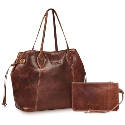 STILORD "Camelia" 2-delige grote handtas voor dames, leer en portemonnee, set – shopper, elegant, boodschappentas van echt leer, voor kantoor, winkelen en universiteit, kleur: kara cognac STILORD "Camelia" 2-delige grote handtas voor dames, leer en portemonnee, set – shopper, elegant, boodschappentas van echt leer, voor kantoor, winkelen en universiteit, kleur: kara cognac