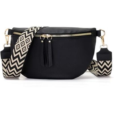 Vezluax 30 x 20 cm, grote heuptas voor dames, schoudertas van veganistisch leer, elegant, riem van 5 cm breed, L-Zwart Vezluax 30 x 20 cm, grote heuptas voor dames, schoudertas van veganistisch leer, elegant, riem van 5 cm breed, L-Zwart