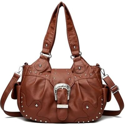 NICOLE & DORIS Handtas voor dames, grote schoudertas, retro, schoudertas, PU-leer, zacht, boodschappentas, meerdere zakken, hobotas, reistas, schoudertas met klinknagels, Bruin, L NICOLE & DORIS Handtas voor dames, grote schoudertas, retro, schoudertas, PU-leer, zacht, boodschappentas, meerdere zakken, hobotas, reistas, schoudertas met klinknagels, Bruin, L