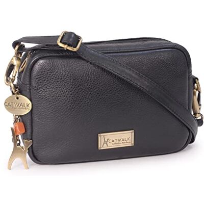 Tigi Kleine schoudertas voor dames van leer Handtas met meerdere vakken Crossbody tas met verstelbare schouderriem POLLY Zwart S Tigi Kleine schoudertas voor dames van leer Handtas met meerdere vakken Crossbody tas met verstelbare schouderriem POLLY Zwart S