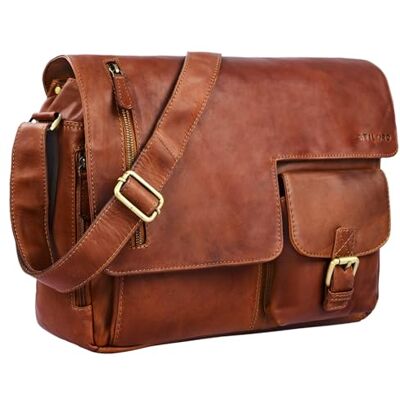 STILORD "Mika" Leren tas voor computer 15,6 inch, vintage, schoudertas, voor dames en heren, aktetas, A4, schoudertas, voor universiteit en werk, kleur: cognac bruin STILORD "Mika" Leren tas voor computer 15,6 inch, vintage, schoudertas, voor dames en heren, aktetas, A4, schoudertas, voor universiteit en werk, kleur: cognac bruin