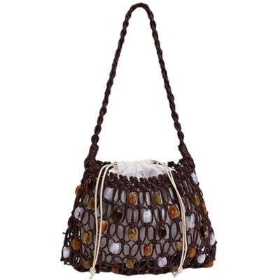 Generic Schoudertas met parels voor dames, handgemaakt, holle, gehaakte draagtas met trekkoord, lichte handtas van gebreid touw, okseltas, voor op reis, Koffie 25*18cm Generic Schoudertas met parels voor dames, handgemaakt, holle, gehaakte draagtas met trekkoord, lichte handtas van gebreid touw, okseltas, voor op reis, Koffie 25*18cm