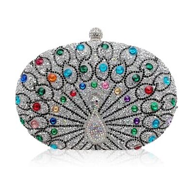 CORIOS Pauwenvormige avondtas met strass voor dames, fonkelende kristallen handtas, elegante schoudertas met afneembare ketting, schoudertas voor cocktail, bal, banket, feest, zilver. L CORIOS Pauwenvormige avondtas met strass voor dames, fonkelende kristallen handtas, elegante schoudertas met afneembare ketting, schoudertas voor cocktail, bal, banket, feest, zilver. L