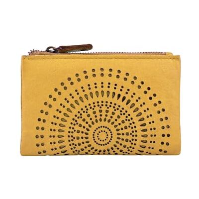 Laura Biagiotti Damesportemonnee van echt leer, geperforeerd met geometrisch patroon, klein en compact, met doos, Oker, Modern Laura Biagiotti Damesportemonnee van echt leer, geperforeerd met geometrisch patroon, klein en compact, met doos, Oker, Modern