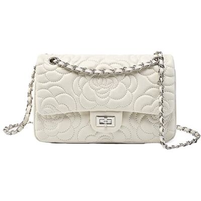 MOSAMHUA Camelia, bloemenpatroon, lamskop, leer, met mesh ketting voor dames, handtas, wit, schoudertas MOSAMHUA Camelia, bloemenpatroon, lamskop, leer, met mesh ketting voor dames, handtas, wit, schoudertas