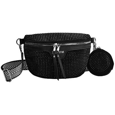Cozlly Heuptas voor dames met strass, PU-leer, schoudertas met afneembare portemonnee, heuptas met schouderriem voor feest, festival, sport, zwart, 24 x 16 x 7 cm, modieus Cozlly Heuptas voor dames met strass, PU-leer, schoudertas met afneembare portemonnee, heuptas met schouderriem voor feest, festival, sport, zwart, 24 x 16 x 7 cm, modieus