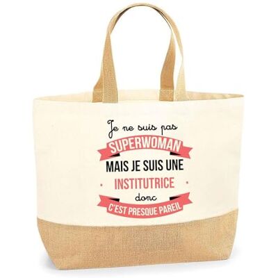 Planetee Superwoman leraarstas, strandtas, winkelen, katoen en jute, cadeau-idee voor dames, beige Planetee Superwoman leraarstas, strandtas, winkelen, katoen en jute, cadeau-idee voor dames, beige