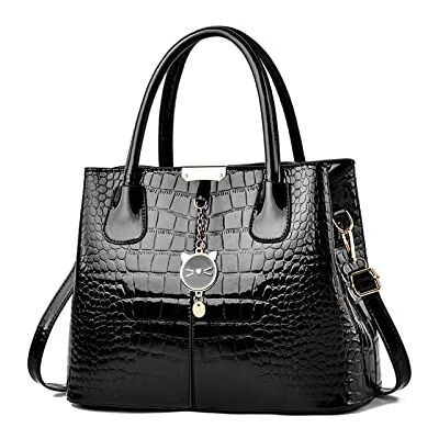 NICOLE & DORIS Klassieke tas voor dames, handtas, dames, modieus, lakleer, schoudertas, licht, schoudertas, krokodillenpatroon, werktas met hanger, zwart, L, klassiek NICOLE & DORIS Klassieke tas voor dames, handtas, dames, modieus, lakleer, schoudertas, licht, schoudertas, krokodillenpatroon, werktas met hanger, zwart, L, klassiek