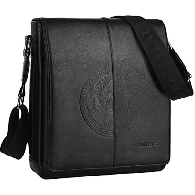 Leathario Crossbody schoudertas voor heren, plantaardig leer, vintage, grote zakelijke messengertas, casual, klassiek zwart, L, elegant Leathario Crossbody schoudertas voor heren, plantaardig leer, vintage, grote zakelijke messengertas, casual, klassiek zwart, L, elegant
