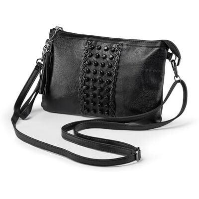 LaRechor Kleine suède handtas voor dames, schoudertas met klinknagels, damestas, zwart, zwart 1 (2 riemen), S, handbagage LaRechor Kleine suède handtas voor dames, schoudertas met klinknagels, damestas, zwart, zwart 1 (2 riemen), S, handbagage