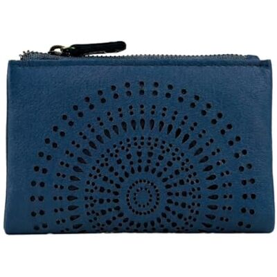 Laura Biagiotti Damesportemonnee van echt leer, blauw, klein model, geperforeerd geometrisch patroon, compact, met geschenkdoos Laura Biagiotti Damesportemonnee van echt leer, blauw, klein model, geperforeerd geometrisch patroon, compact, met geschenkdoos