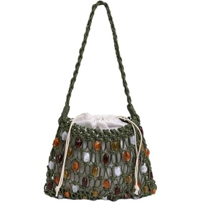 Generic Schoudertas met parels voor dames, handgemaakt, holle, gehaakte draagtas met trekkoord, lichte handtas van gebreid touw, okseltas, voor op reis, Groen 25*18cm Generic Schoudertas met parels voor dames, handgemaakt, holle, gehaakte draagtas met trekkoord, lichte handtas van gebreid touw, okseltas, voor op reis, Groen 25*18cm