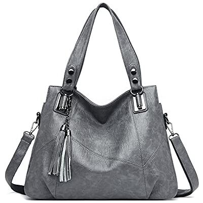 PORRASSO Grote reistas van PU-leer voor dames, mode, hobo, elegante schouderriem, grijs, L PORRASSO Grote reistas van PU-leer voor dames, mode, hobo, elegante schouderriem, grijs, L