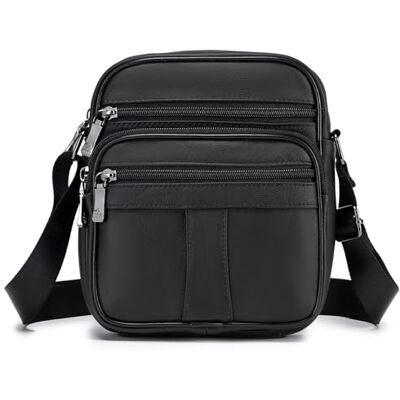 BAGZY Klein Heren Leren Schoudertas voor Pad Messenger Business-Tas Crossbody-Tas Sling-reistas Handtas Kindle-Tablethoes voor Vluchtreizen Zwart BAGZY Klein Heren Leren Schoudertas voor Pad Messenger Business-Tas Crossbody-Tas Sling-reistas Handtas Kindle-Tablethoes voor Vluchtreizen Zwart